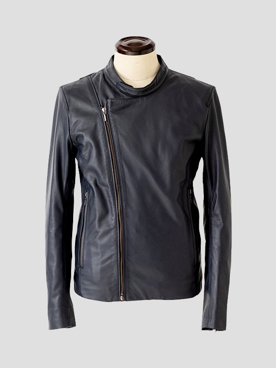 Biker-Cafe-Racer-Attire-Lamb-Leather-Jacket-Navy-Front-View