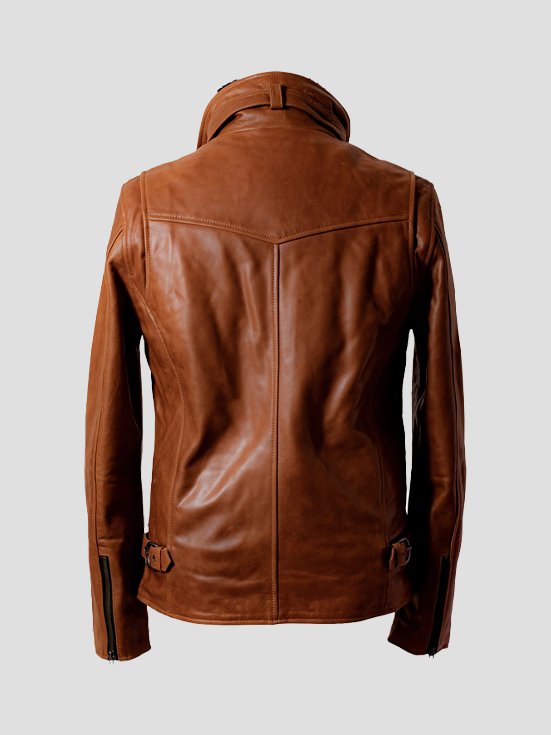 Cowhide-Chic-High-Neck-Leather-Jacket-Brown-Back