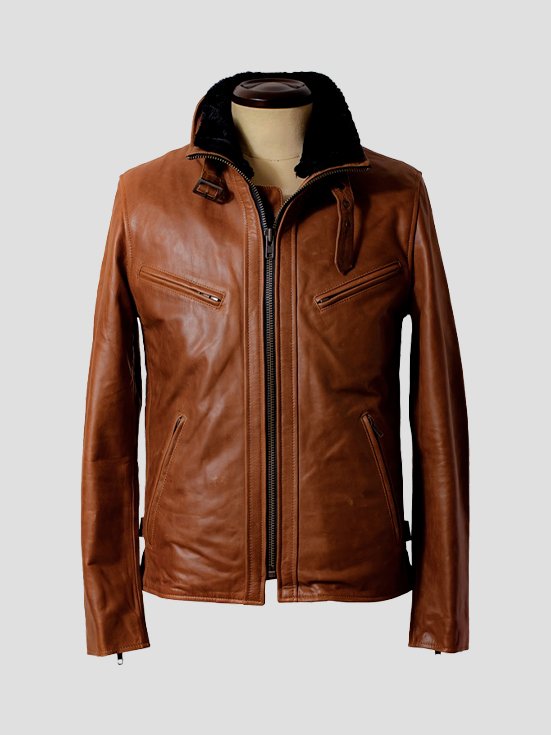 Cowhide-Chic-High-Neck-Leather-Jacket-Brown-Front