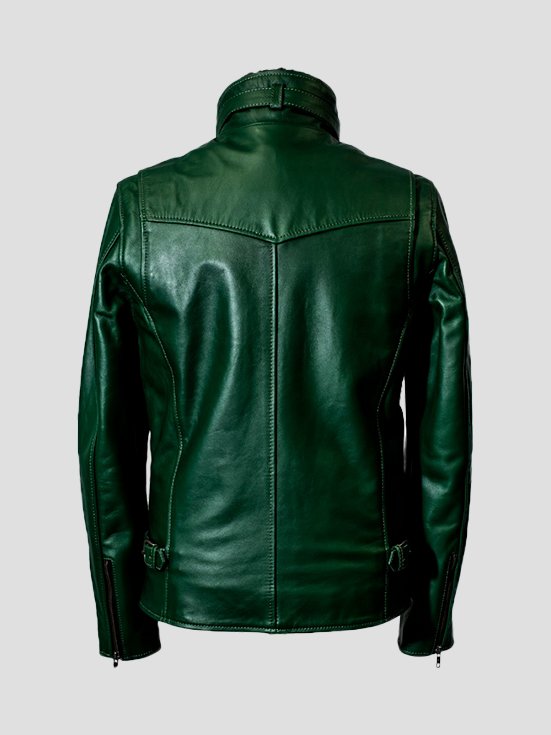 Cowhide-Chic-High-Neck-Leather-Jacket-Green-Back