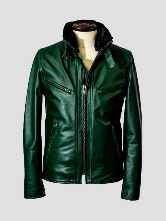 Cowhide-Chic-High-Neck-Leather-Jacket-Green-Front