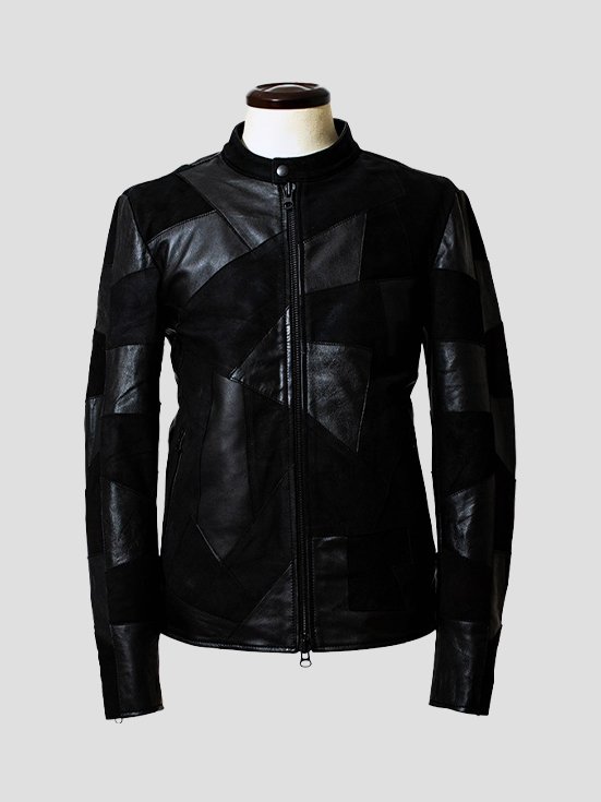 Motley-Mosaic-Patchwork-Leather-Jacket-Black-Front-View
